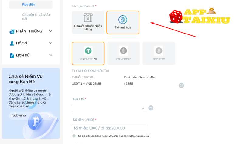 Cách rút thưởng tài xỉu qua tiền mã hóa