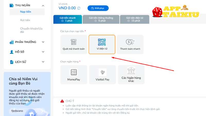 Nạp tiền tài xỉu trực tuyến bằng ví điện tử